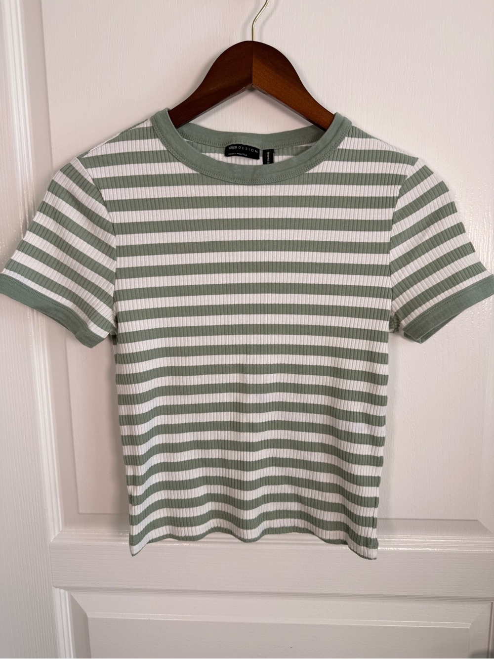 ASOS Sage Green & White Striped Ribbed Short Sleeve Tee